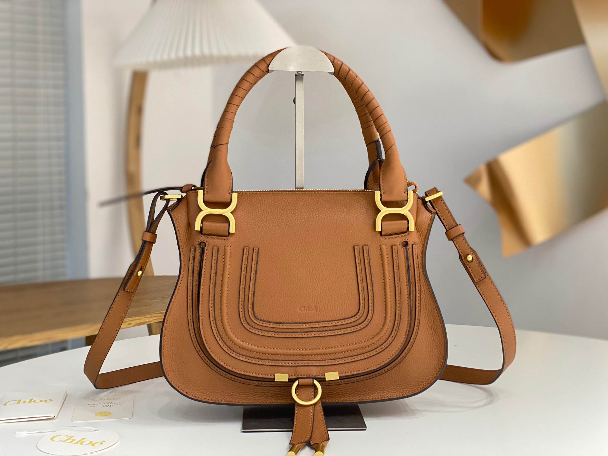 Chloe Small Marcie Bag In Brown Grained Leather